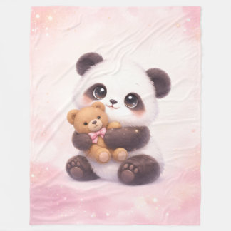 Cute Baby Panda with Teddy Bear Fleece Blanket フリースブランケット