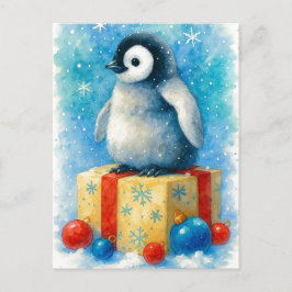 Cute Baby Penguin Christmas Watercolor Postcard シーズンポストカード