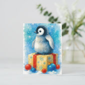 Cute Baby Penguin Christmas Watercolor Postcard シーズンポストカード (スタンド正面)