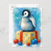 Cute Baby Penguin Christmas Watercolor Postcard シーズンポストカード (正面/裏面)