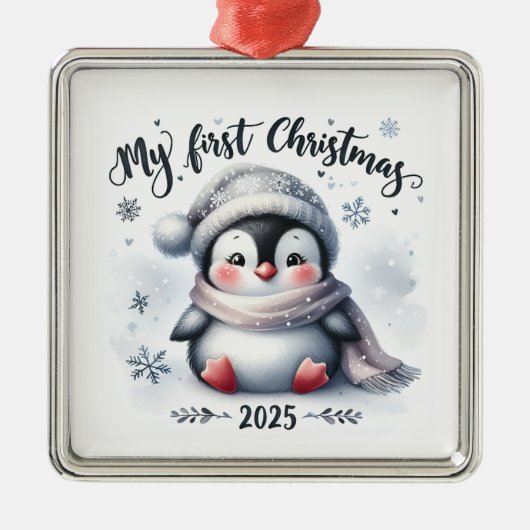 CUTE BABY PENGUIN FOR MY FIRST CHRISTMAS メタルオーナメント (正面)