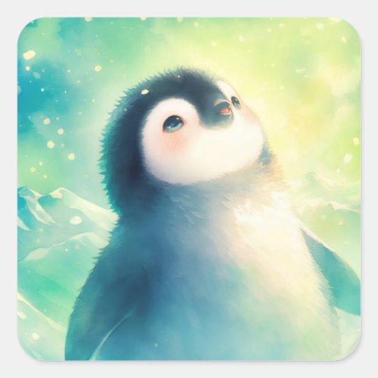Cute Baby Penguin Gazing at Aurora Borealis Sky スクエアシール (正面)