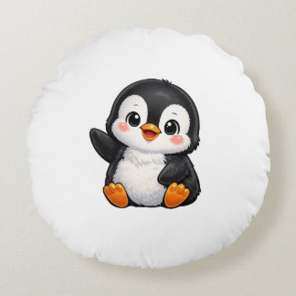 Cute Baby Penguin Waving Cartoon Character Kids Ka ラウンドクッション