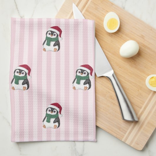 Cute Baby Penguin Wearing Santa Hat Christmas キッチンタオル (四つ折り)