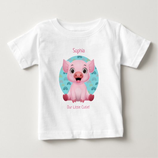 Cute Baby Pig Cartoon, DIY Name & Pink Text ベビーTシャツ (正面)