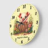 Cute baby pig nursery add name ラージ壁時計 (傾斜)
