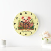 Cute baby pig nursery add name ラージ壁時計 (ホーム)