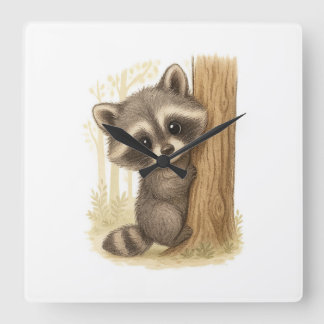 Cute Baby Raccoon Peek-a-Boo Forest スクエア壁時計