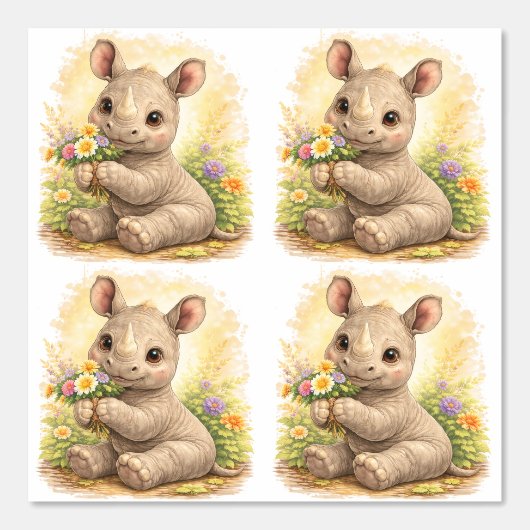 Cute Baby Rhino Flower Pattern Wallpaper 壁紙 (正面)