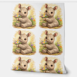Cute Baby Rhino Flower Pattern Wallpaper 壁紙