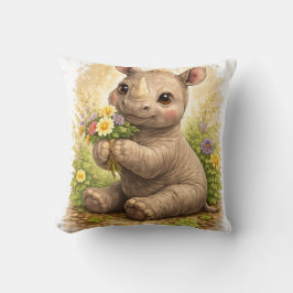 Cute Baby Rhino With Flowers Kawaii Safari Animal  クッション