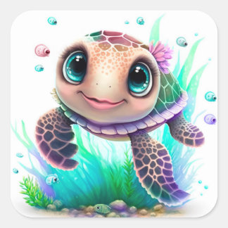 Cute Baby Sea Turtle Illustration – Adorable Ocean スクエアシール