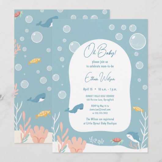 Cute Baby Shower Boy Aqua Fish Park Adorable Oce 招待状 (正面/裏面)
