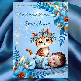 Cute Baby Shower Boy Blue Little Cat Kitten 招待状