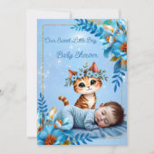 Cute Baby Shower Boy Blue Little Cat Kitten 招待状 (正面)
