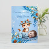 Cute Baby Shower Boy Blue Little Cat Kitten 招待状 (スタンド正面)