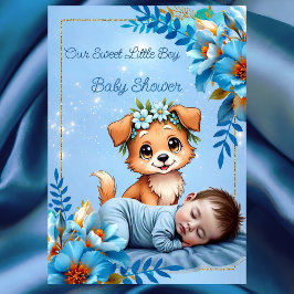 Cute Baby Shower Boy Blue Little Puppy Dog 招待状