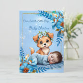 Cute Baby Shower Boy Blue Little Puppy Dog 招待状 (スタンド正面)