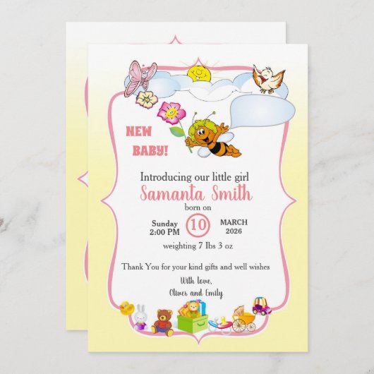 Cute Baby Shower Invitation for girl 招待状 (正面/裏面)