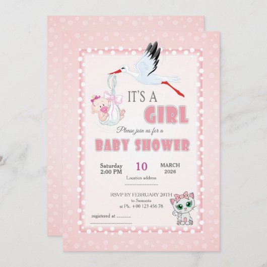 Cute Baby Shower Invitation - it is a girl! 招待状 (正面/裏面)