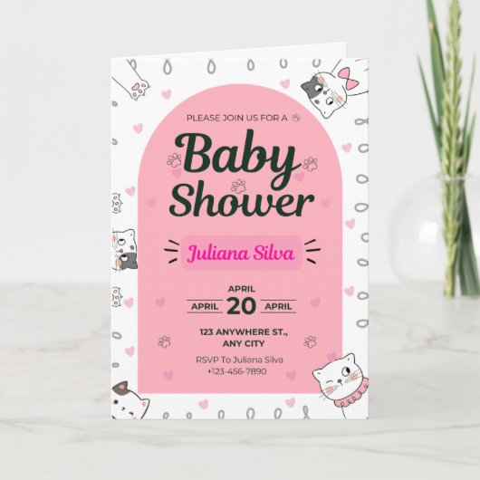 Cute Baby Shower Invitation with Kawaii Cats  招待状 (正面)