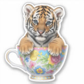 Cute Baby Tiger in Floral Custom-Cut Vinyl Sticker シール (正面)