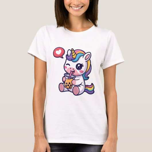 Cute Baby Unicorn Drinking Bubble Tea Funny Boba  Tシャツ (正面)