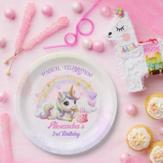Cute Baby Unicorn Rainbow Magical Birthday ペーパープレート