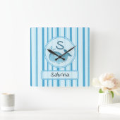 Cute Baby Whale Blue Stripes スクエア壁時計 (ホーム)