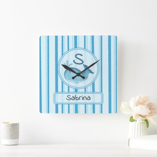 Cute Baby Whale Blue Stripes スクエア壁時計 (ホーム)