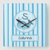 Cute Baby Whale Blue Stripes スクエア壁時計 (正面)