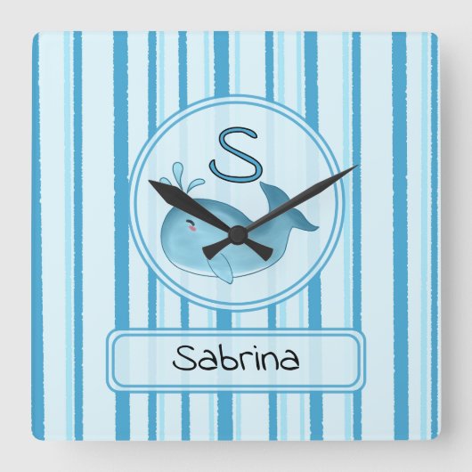 Cute Baby Whale Blue Stripes スクエア壁時計 (正面)