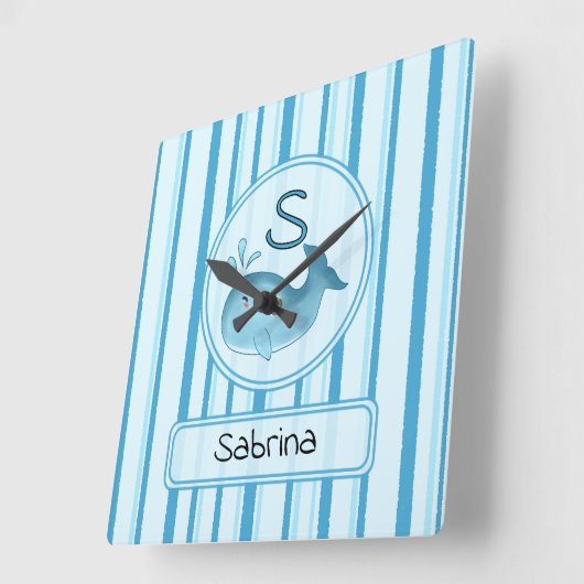 Cute Baby Whale Blue Stripes スクエア壁時計 (傾斜)