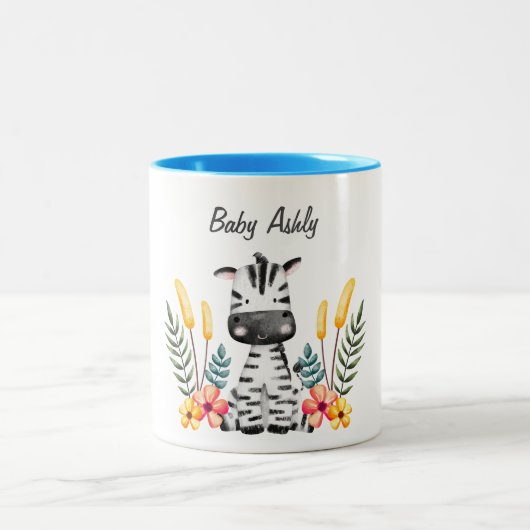 Cute Baby Zebra Flower Wreath Custom Name Mug ツートーンマグカップ (中央)