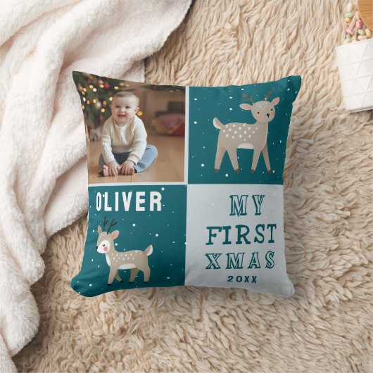 Cute Baby's 1st Christmas Photo Reindeer クッション (ブランケット)