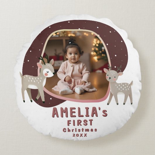 Cute Baby's 1st Christmas Photo Reindeer ラウンドクッション (正面)