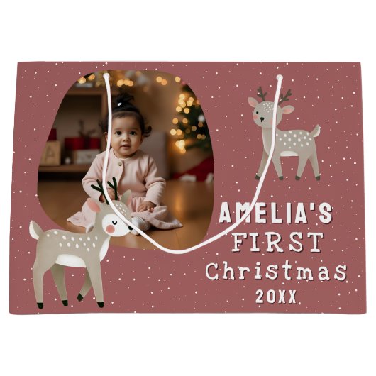 Cute Baby's 1st Christmas Photo Reindeer ラージペーパーバッグ (正面)