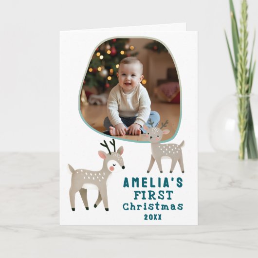 Cute Baby's 1st Christmas Photo Reindeer Holiday カード (正面)