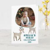 Cute Baby's 1st Christmas Photo Reindeer Holiday カード (黄色い花)