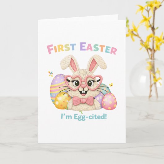 Cute Baby's First Easter Egg-cited Bunny カード (黄色い花)