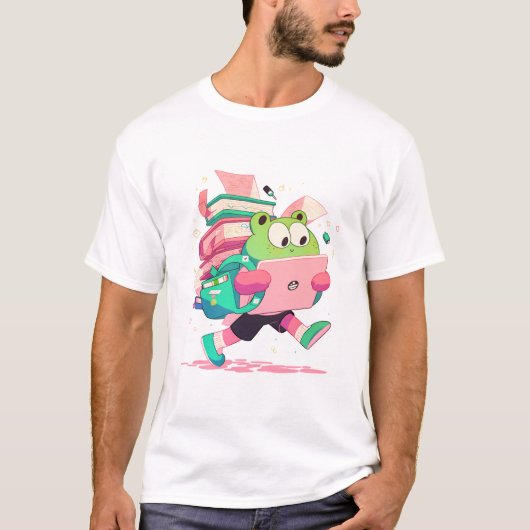 Cute Back to School Frog with Books and Backpack Tシャツ (正面)