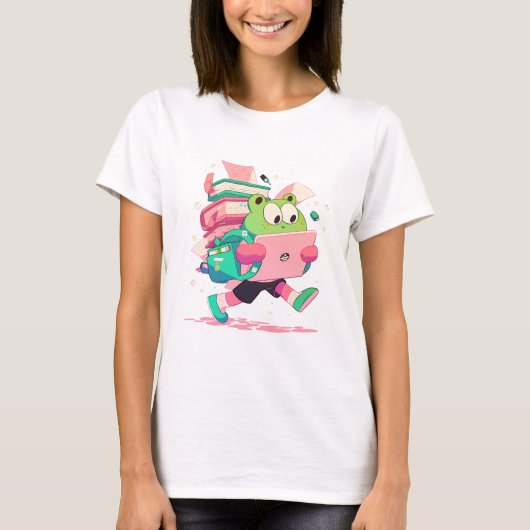Cute Back to School Frog with Books and Backpack Tシャツ (正面)
