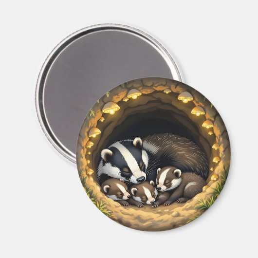 Cute Badger Family Napping マグネット (正面/裏面)