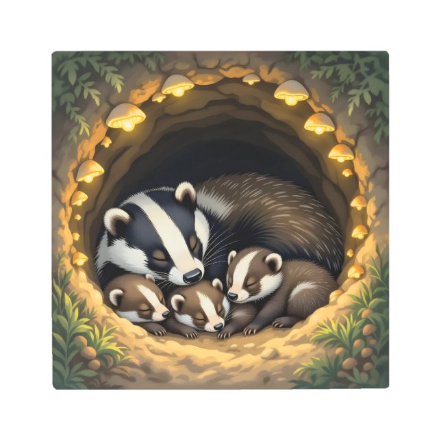 Cute  Badger Family Napping メタルプリント (正面)
