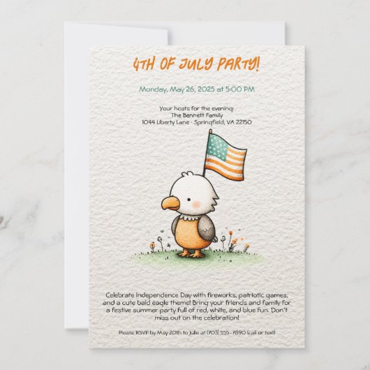 Cute Bald Eagle 4th of July Party Invitation 招待状 (正面)