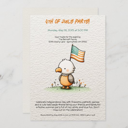 Cute Bald Eagle 4th of July Party Invitation 招待状 (正面/裏面)
