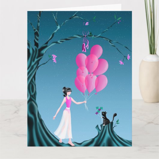 Cute Ballerina & Cat Night Sky Greetings Card カード (正面)
