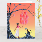 Cute Ballerina & Cat Sunset Tree Greetings card  カード (黄色い花)