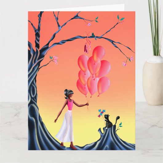Cute Ballerina & Cat Sunset Tree Greetings card  カード (正面)