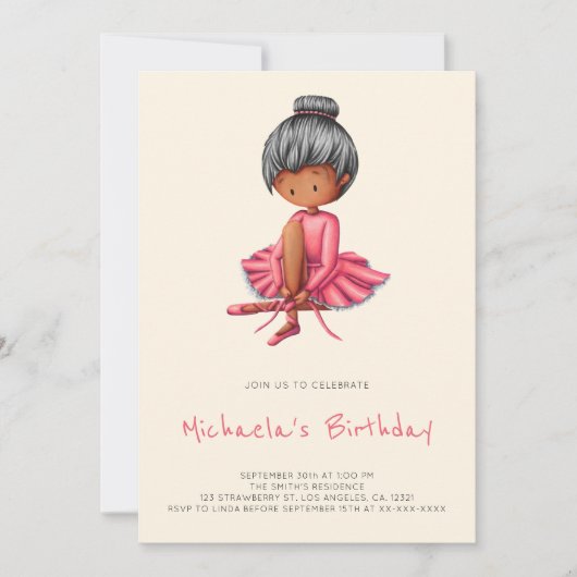 Cute Ballerina Pink Tutu Black Girl Birthday 招待状 (正面)
